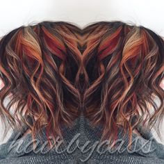 Dark brown base with red, orange and blonde highlights Brown Hair With Red Highlights, Brown Hair With Red, Hair With Red Highlights, Red Highlights In Brown Hair, Blonde Highlights Hair, Black To Blonde Hair, Balayage Caramel, Orange Highlights, Red Brown Hair