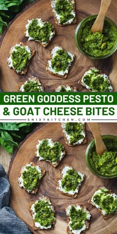 green goddess pesto and goat cheese bites on a wooden platter with fresh basil