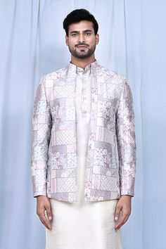 Grey jacket with patchwork print and sequin, thread embroidery. Paired with matching kurta and pant. - Aza Fashions Pant Art, Grey Kurta, Grey Jacket, Nehru Jackets, Cocktail Reception, Patchwork Print, Kurta With Pants, Thread Embroidery, Kurta Set