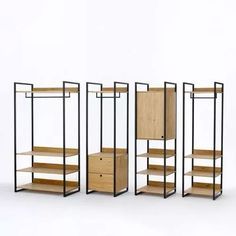 three shelving units with wooden shelves and metal frames