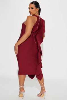 Available In Burgundy. Bandage Midi Dress High Neckline Sleeveless Ruffle Drape Detail Back Zipper Stretch 92% Polyester 8% Spandex Imported | Raylin Bandage Midi Dress in Burgundy size Large by Fashion Nova 3x Fashion, Burgundy Midi Dress, Burgundy Fashion, Wedding Guest Style, Bandage Midi Dress, Xl Fashion, High Neckline, Fashion Nova, High Neck