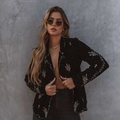 No Longer Available On The Site Relaxed Fit Self & Lining 100% Polyester Dry Clean Only Notched Lapel Long Sleeves Velvet Fabrication Gold Beading And Embroidery Throughout Body Heeled Chelsea Boots, Watch Band Bracelet, Luxe Style, Herringbone Necklace, Studded Heels, Holiday Ready, Velvet Blazer, Black Velvet, Cosmos