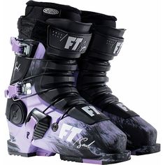 a pair of black and purple ski boots