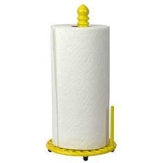 a white toilet paper roll on a yellow holder