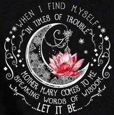 a pink flower sitting on top of a crescent with words written in white writing and an image of the moon