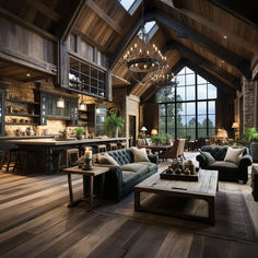 a living room filled with lots of furniture and a chandelier hanging from the ceiling