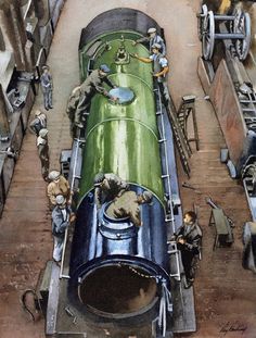 an old painting of men working on a green and blue train engine in a factory