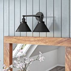 a bathroom mirror with two lights on it and a plant in the corner next to it