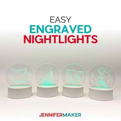 three snow globes with the words easy engraving nightlights on them in green and red