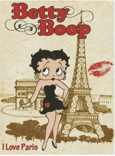 betty boop is standing in front of the eiffel tower