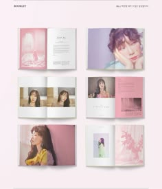 an open book with images of women in pinks and purples on the pages