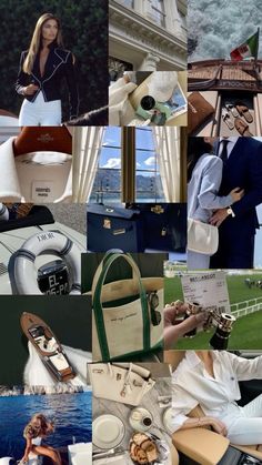 a collage of photos with various items including a woman in a white dress and a man in a blue suit