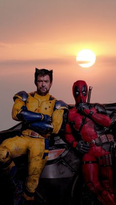 two deadpools are sitting next to each other in front of the sun,