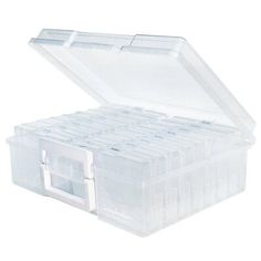 a clear plastic storage box with dividers