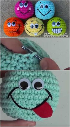 three crocheted balls with eyes and mouths on them, one is smiling the other has