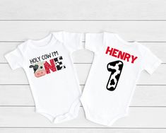 "If wanting to add family shirts to any design please message me. I can add a personalized name to any shirt please message before placing the order. Welcome to SKKDesignbaby, where adorable meets personalized! We specialize in creating custom children's clothing that is as unique as your little one. Personalization is at the heart of what we do. You have the option to add your child's name. If one of our listings doesn't have an option to add a name please message me and I will gladly do so :) Our personalized items are designed to make your baby stand out in style and capture those precious moments in a truly special way. Each item is carefully crafted handmade with love and attention to detail. ✿HOW TO ORDER -Select your size & style options in the drop-down menu -In the \"Add your pers Cow First Birthday Boys, Cow Themed Party, Barnyard 1st Birthday, 1st Birthday Boys, Birthday Cow, Birthday Boys, Farm Cow, Cow Shirt