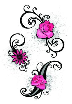 pink roses and swirls on white background