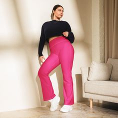 Designed to enhance your figure, these trendy leggings feature a high waist and a butt-lifting cut. The flared leg bottoms add a touch of style and make the leggings comfortable. Wear them on a walk, to the gym, or style them up with a bomber jacket or hoodie. • 74% recycled polyester, 26% elastane • Fabric weight (may vary by 5%): 7.37 oz./yd.² (250 g/m²) • Soft and stretchy premium quality fabric with a mild compression feel • Moisture-wicking fabric • UPF 50+ protection • High-waisted with a Trendy Flare Yoga Pants, Trendy Flare Yoga Leggings, Trendy Stretch High-waisted Yoga Pants, Flare Stretch Leggings For Gym, Trendy High Stretch Wide Leg Leggings, Trendy Flare Leggings For Workout, Stretch Flare Leggings For The Gym, Trendy Wide Leg High Stretch Leggings, Trendy Wide Leg Yoga Leggings