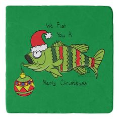 a green christmas card with a fish wearing a santa hat