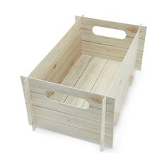 a wooden crate sitting on top of a white floor