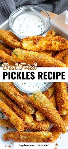 fried pickles with ranch dip in the middle