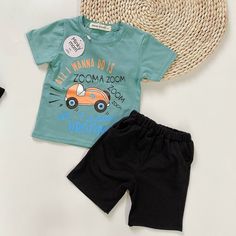 Blue shirt with orange car, black shorts Black Cotton Short Set, Black Cotton Short Set For Summer, Casual Black Short Set For Summer, Orange Car, Car Black, Boys Set, Children's Book Illustration, T Shirt And Shorts, Knit Cotton