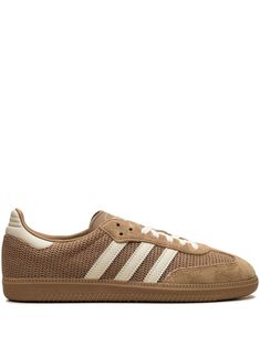 sand brown leather mesh panelling signature 3-Stripes logo signature trefoil logo-embroidered tongue front lace-up fastening round toe branded insole vulcanised-rubber sole Brown Adidas Samba, Adidas Samba Brown, Brown Adidas Shoes, Brown Sneakers Women, Brown Adidas, Samba Sneakers, Beige Adidas, Nike Tenis, Barre Studio