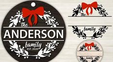 personalized christmas ornament with red bow and wreath on the front, two different designs