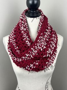 Handmade crochet infinity scarf  Yarn is 80% acrylic 20% wool  Color: Crimson       Length is 60 inches  Width is 5 inches  Care Instructions: hand wash and lay flat to dry Chunky Crochet Scarf, White Infinity, Scarf Yarn, Crochet Infinity Scarf, Chunky Scarves, Scarf Handmade, Chunky Wool, Loop Scarf, Knit Infinity Scarf