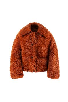 Reversible cropped shearling & leather coat; 100% sheepskin in rusty orange. This coat is fully reversible. It features oversized leather pockets, a statement collar and playfully visible seams. Made in Turkey. Brown Fur Coat With Padded Collar For Fall, Cute Fits For School, Sequins Top Outfit, Carrie Bradshaw Outfits, Awesome Elf On The Shelf Ideas, Fashion 2000s, Cool Coats, Ibiza Outfits, Statement Collar