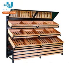 the wooden drawers are stacked on top of each other and have compartments for different items