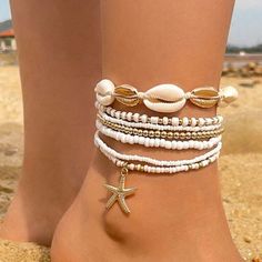 7pcs/Set Simple Alloy Beaded Starfish Braided Shell Rope Anklets Yellow Gold Tone Approx: 8.7"-16.5" Beaded Starfish, Beaded Anklet, Puka Shell, Seashell Jewelry, Ocean Jewelry, Jewelry Making Tools, Beaded Anklets, Shell Jewelry, Summer Jewelry