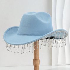 Never Worn Bedazzled Cowgirl Hat, Blue Cowgirl Hat, Blue Cowboy Hat, Cow Print Bucket Hat, Ears Tour, Blue Sweet 16, Shein Accessories, Ateez Concert, Embroidered Bucket Hat