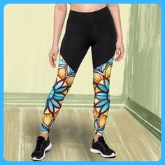 Elevate your workout wardrobe with our stunning Mosaic Mandala Compression Leggings! These leggings feature a captivating floral stained glass geometric pattern with black compression material on the top area that's not only eye-catching but also designed to slim the waist, hips and butt to sculpt and flatter your figure. Perfect for any fitness enthusiast, our body-sculpting and booty-shaping design provides support while ensuring a comfortable fit during all your activities, whether it's a high impact workout or a casual day out. Crafted with high-quality, stretchy fabric, these slimming fitness pants are ideal for yoga, running, or a trip to the gym. The compression feature helps enhance circulation, tightens up your bottom area and offers a second-skin feel, giving you the confidence t Stained Glass Geometric, Mosaic Mandala, Sporty Leggings, Workout Wardrobe, Compression Fabric, High Waist Fashion, Compression Leggings, Floral Leggings, Body Sculpting