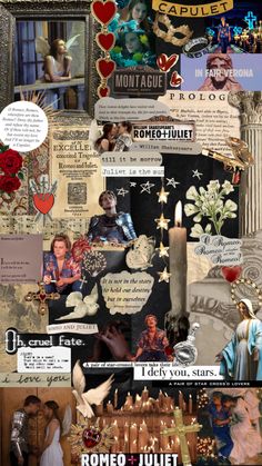 a collage with many different pictures and words on it's side, including an angel