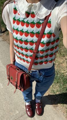 Strawberry Vest Outfits, Aesthetic Strawberry Outfit, Strawberry Pants Outfit, Outfits With Vests Aesthetic, Strawberry Shirt Outfit, Fruitcore Outfits, Strawberry Girl Outfit, Strawberry Inspired Outfit, Strawberry Shortcake Aesthetic Outfit