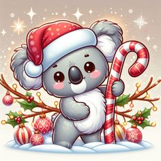 a cartoon koala bear holding a candy cane and wearing a santa hat with christmas decorations around it