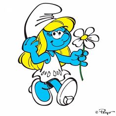 the smurf is holding a flower in her hand