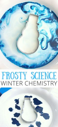 the frosty science experiment is made with white and blue liquid