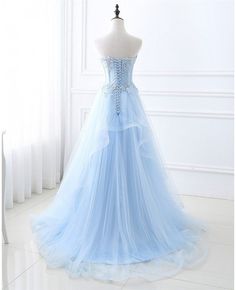 Shop cheap blue beaded lace and tulle long formal dress online. Custom-made any plus size or color. Pro since 2009. Blue Lace Prom Dress, Sky Blue Prom Dress, Prom Dresses Long Blue, Blue Wedding Dress, Chic Prom Dresses, Formal Dresses Graduation, Light Blue Prom Dress, Floor Length Prom Dresses, Sweetheart Prom Dress