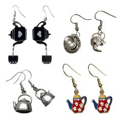 four different styles of teapots and kettle earrings