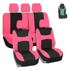 pink and black car seat covers with matching headrests for the front, rear and passenger seats