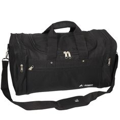 Everest Two-Tone Sports Duffel Bag - Black Looking for a sporty and stylish duffel bag? Look no further than our Everest two-tone sports duffel bag. This spacious bag has a main compartment, dual side zippered compartments, and a wide front zippered pocket. It also features an adjustable shoulder strap and velcro close handles. Made of 600D polyester, this bag is perfect for any athlete or adventurer. Material: 600D Polyester. Dimension: 21.5 x 11.5 x 10 in. Capacity: 2260 cu in/ 37 L. Weight: 2 Sports Nylon Duffle Bag, Sporty Gym Bag For Sports, Functional Black Duffle Bag For Sports, Functional Black Sports Duffle Bag, Sporty Nylon Duffle Bag For Sports, Sporty Nylon Gym Bag, Sporty Breathable Duffle Bag For Sports, Practical Black Gym Bag For Sports, Durable Black Gym Bag