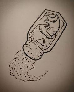 an ink drawing of a bottle with liquid coming out of it and sprinkles on the bottom