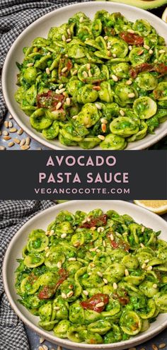 avocado pasta with bacon and sunflowers in a white bowl