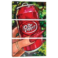 a painting of a hand holding a can of soda with the word dr pepper on it