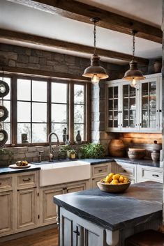 a kitchen filled with lots of counter top space next to a sink and stove top oven