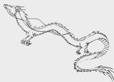 a drawing of a dragon flying in the air with its tail extended and it's eyes closed