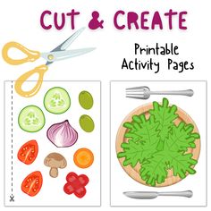 cut and create printable activity pages for kids to learn how to cut vegetables with scissors