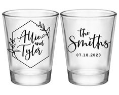 two shot glasses with the names and date printed on them